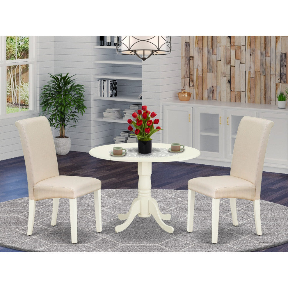 3Pc Dinette Set, Small Rounded Table, Drop Leaves, Two Chairs, White