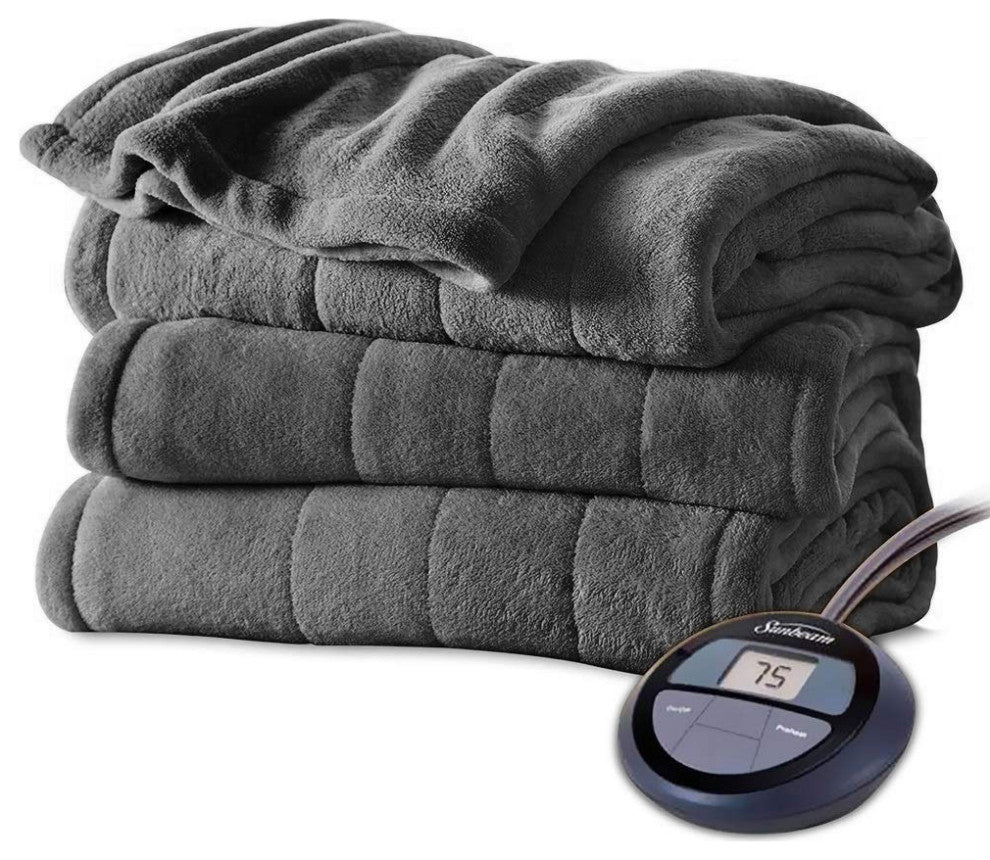 Sunbeam Channeled Velvet Plush Electric Heated Blanket Twin Slate Gray