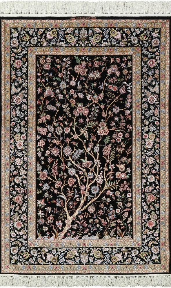 Black Authentic Persian Isfahan Tree of Life Hand Knotted Wool and Silk Rug, 5x7