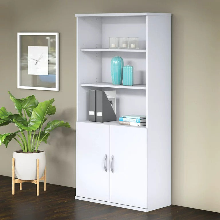 Contemporary Bookcase, Open Shelves & Lower Cabinet With Metal Handles , White