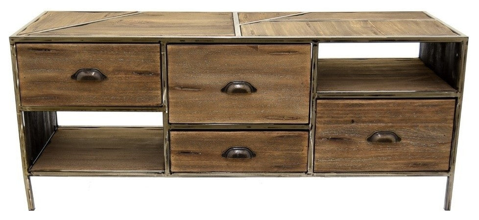 Metal & Wood Entertainment Table With Multiple Drawers And Shelves