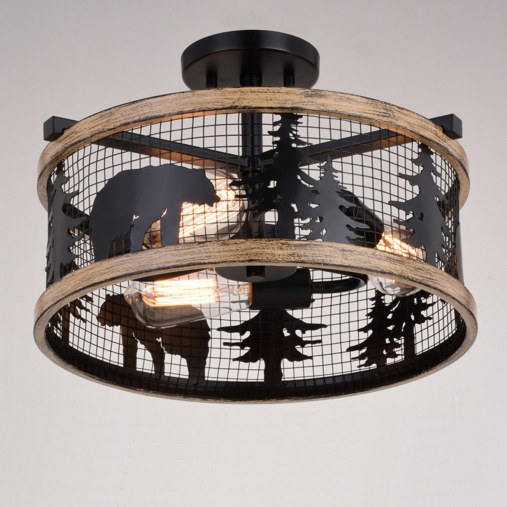 Kodiak 16" 3 Light Semi-Flush Black and Burnished Teak