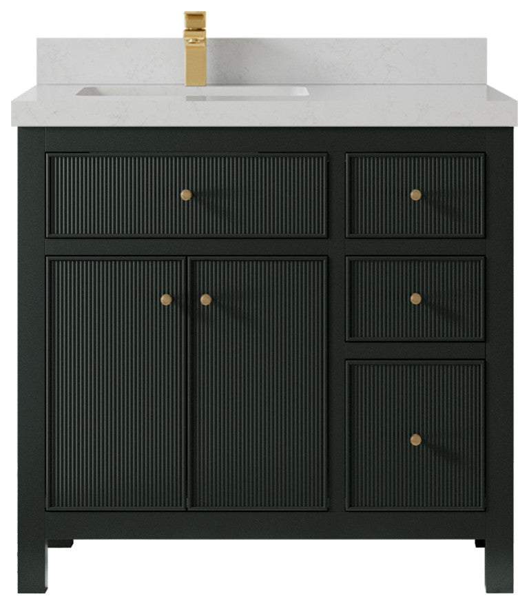 Sonoma 36 Left Offset Reeded  Bath Vanity in Dark Forest Green 2" Carrara Quartz