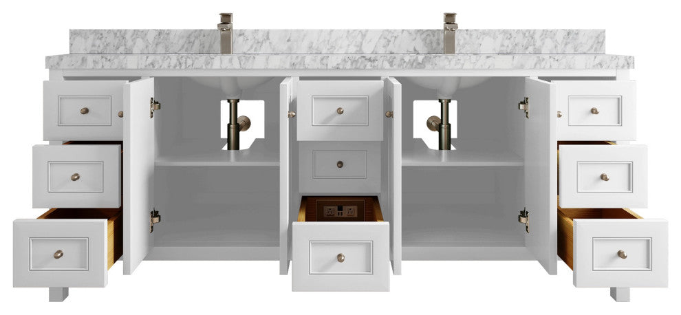 Nashville 84" Double Sink Bath Vanity, White 2" Carrara Marble