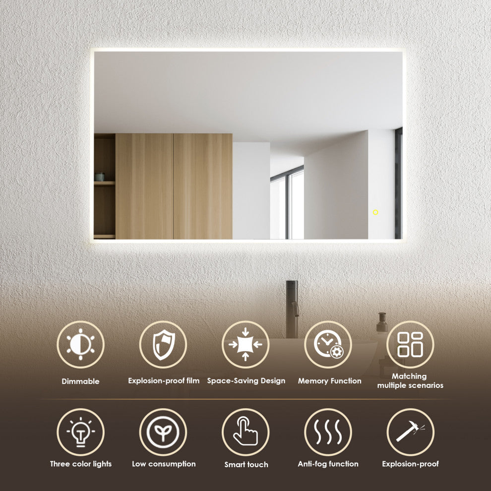 Aurora Framelesss Anti-Fog Dimmable LED Lighted Wall Mirror, No Frame, 48"
