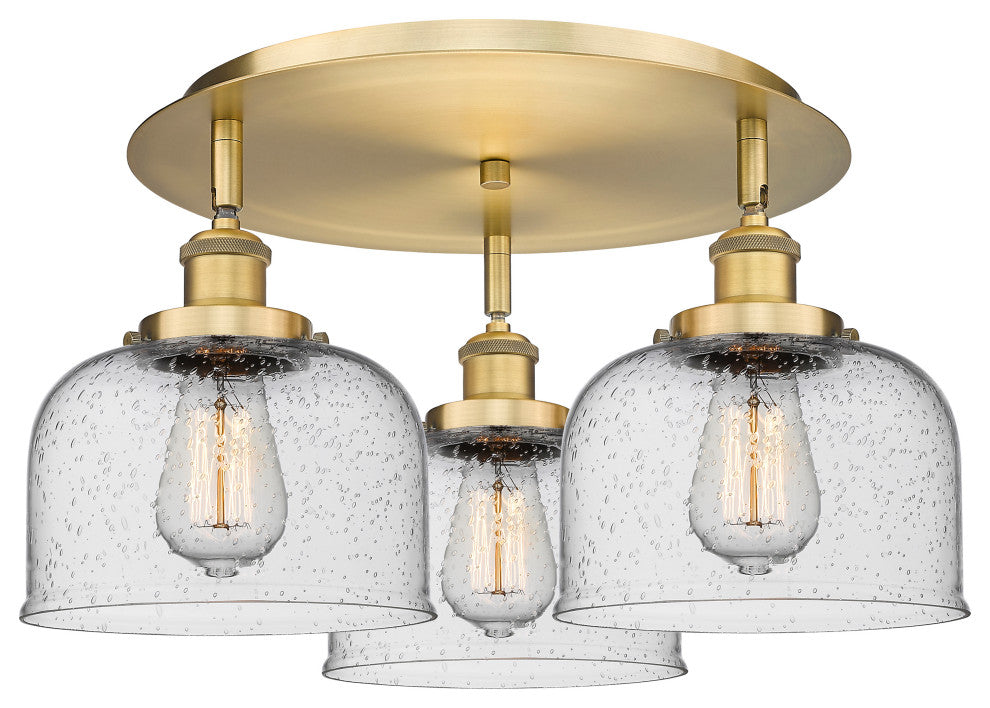Bell-3 Light 20" Flush Mount-Brushed Brass, Seedy Glass Shade