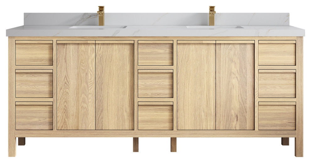 Elizabeth Oak 84" Double Sink Vanity, White 2" Calacatta Sienna