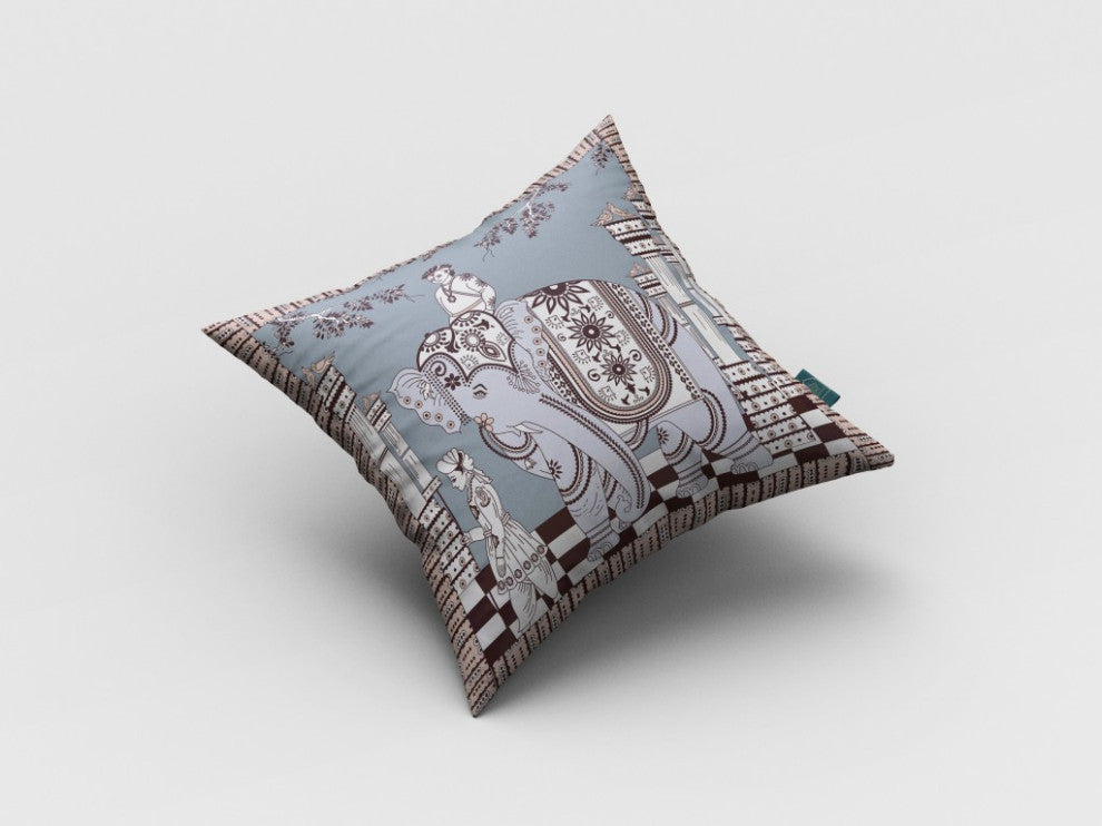 16" Blue Brown Ornate Elephant Zippered Suede Throw Pillow