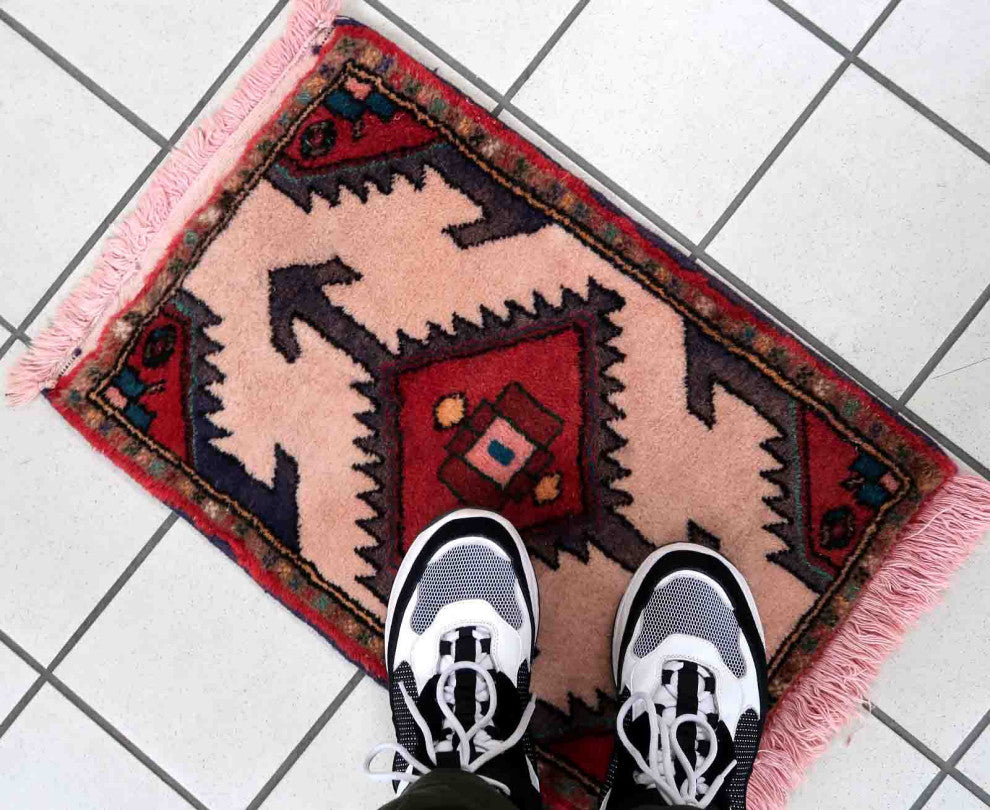 Handmade Vintage Persian Hamadan Mat 1.3'x1.9', 42cmx60cm 1970s