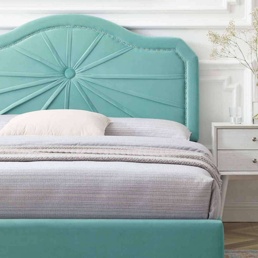 Platform Bed Frame, Full Size, Velvet, Blue, Modern Contemporary, Bedroom Master