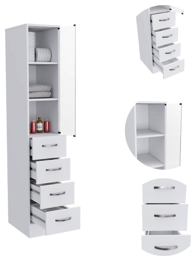 Preston Linen Cabinet with 3 Shelves, 4 Drawers, and Glass Door, White