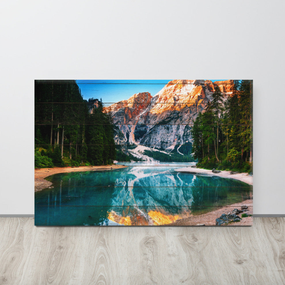 Faux Wood Misty Lake and Snow-cap Mountain Reflections Canvas Prints, 24" X 36"
