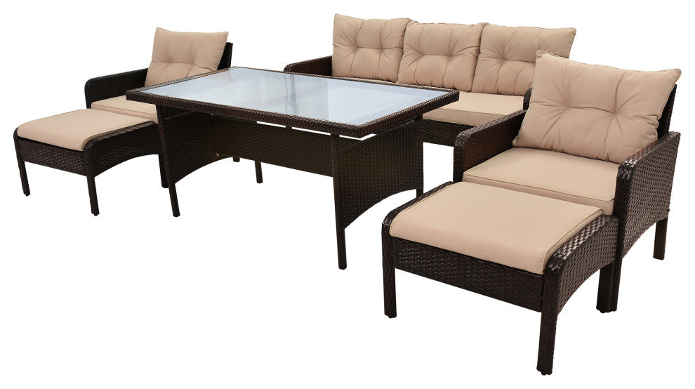 6 Pieces Outdoor Rattan Patio Sectional Sofa Set With Dining Table, Coffee
