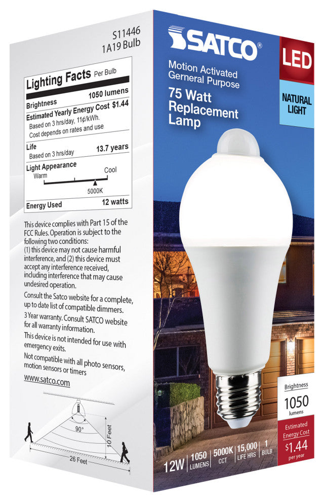 12W A19 LED, White, 5000K, 1050 Lumens, 120V, PIR Sensor, Non-Dimmable