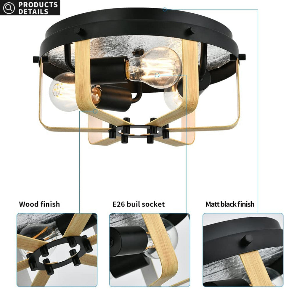 Industrial Semi Flush Mount Ceiling Light, 3 Light, Cage, Farmhouse, Black