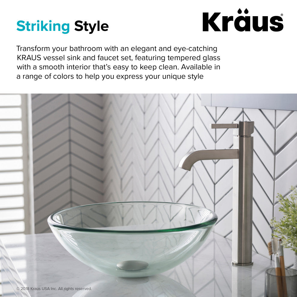 Glass Vessel Sink, Bathroom Ramus Faucet, PU Drain, Mounting Ring, Nickel