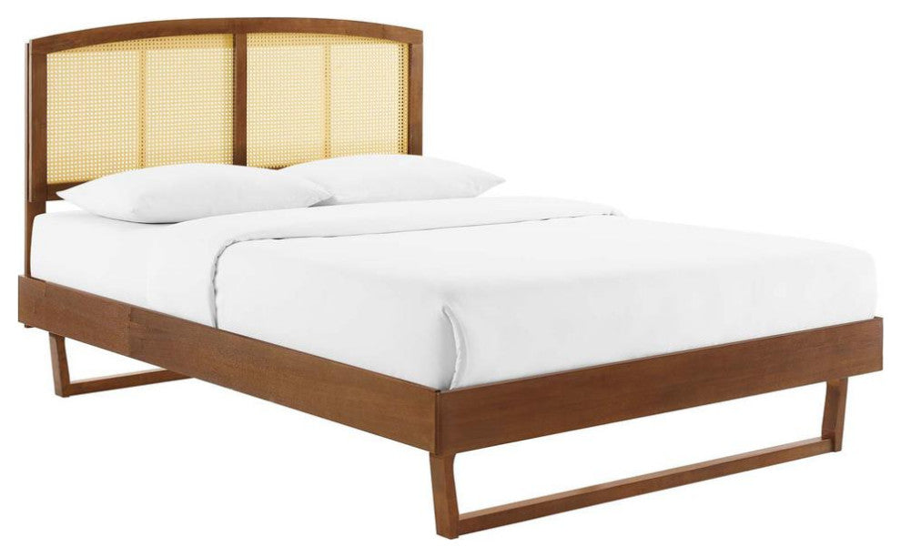 Sierra Cane and Wood Full Platform Bed With Angular Legs Walnut