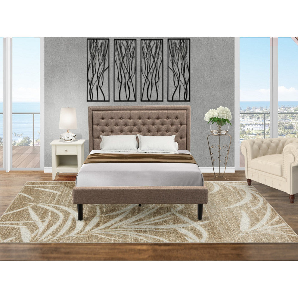 2Pc Bed Set, 1 Queen Size Bed Frame Dark Khaki, 1 Small Night Stand, Black Legs
