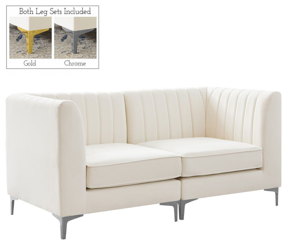 Alina Velvet Upholstered 2-Piece Modular Sofa, Cream