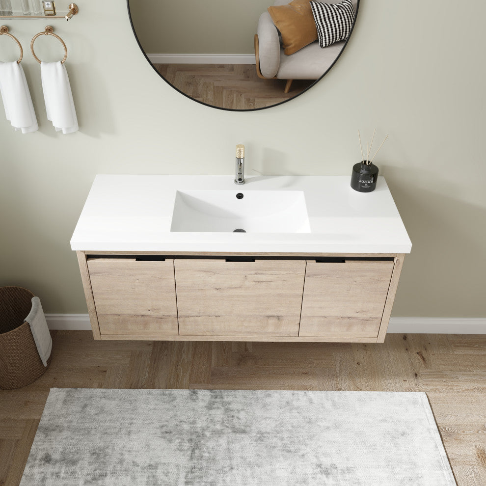 BNK Single Sink Bathroom Vanity, Wall Mounted 48", 48"x18", Imitative Oak
