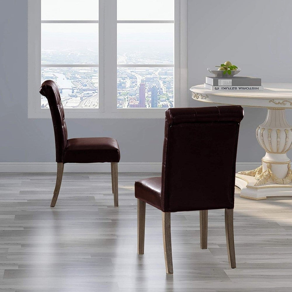 Button Tufted Armless Dining Room Chairs, Set of 2, Brown