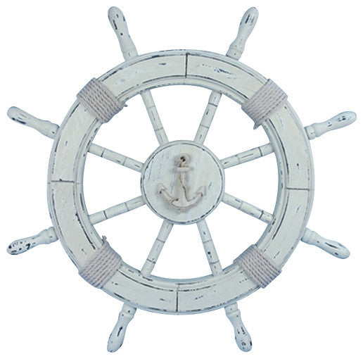 24" Distressed White Wood Ship Wheel