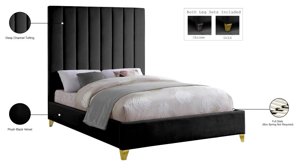 Via Velvet Upholstered Bed, Black, Queen