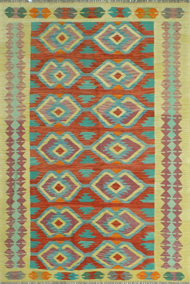 Sangat Flatweave Muiz Red/Gold Rug, 4'2 x 6'3