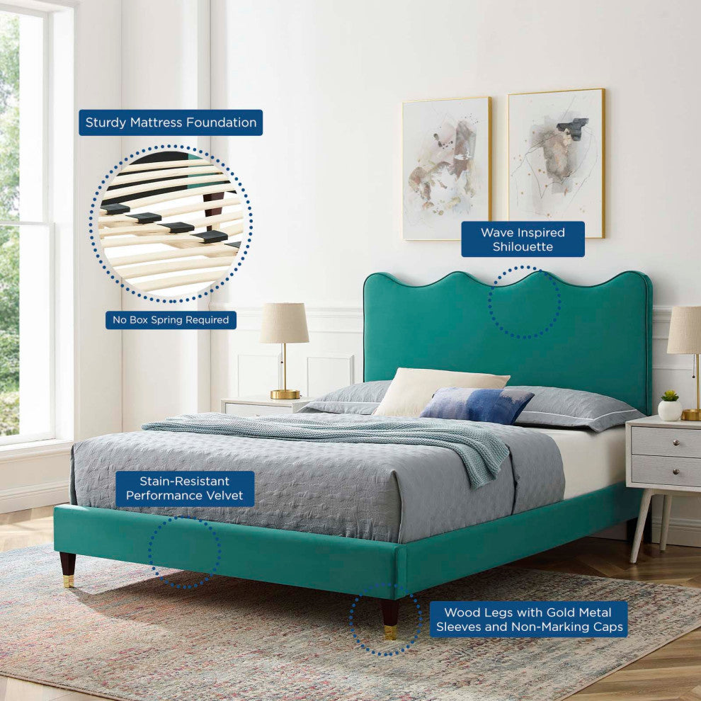 Platform Bed Frame, King Size, Teal Blue, Velvet, Modern, Bedroom Guest Suite