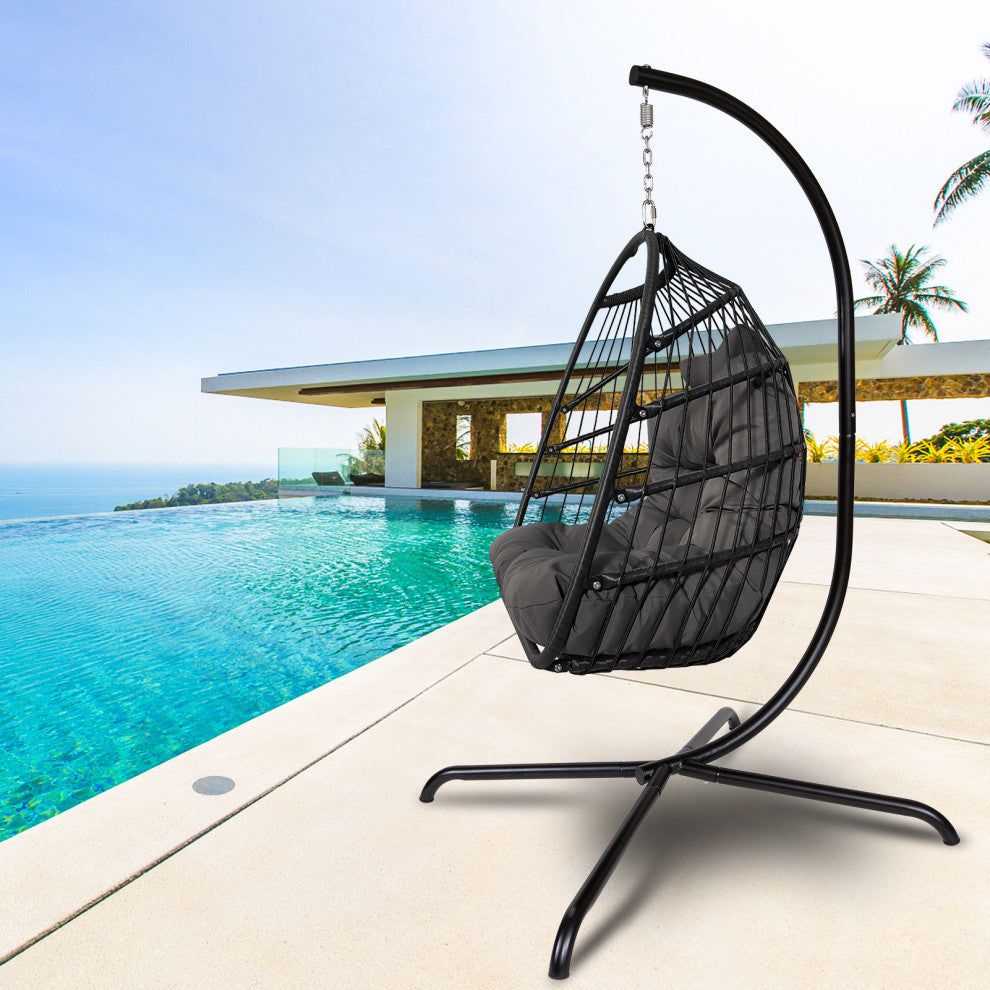 Outdoor Rattan Swing Chair Hanging Egg Chair With Cushion and Pillow, Dark Gray
