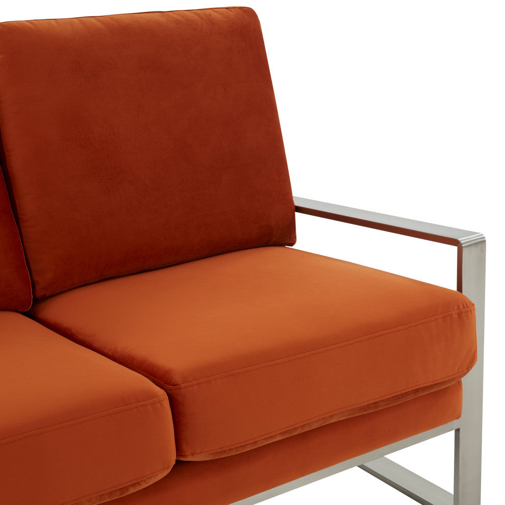LeisureMod Jefferson Modern Design Velvet Loveseat With Silver Frame, Orange