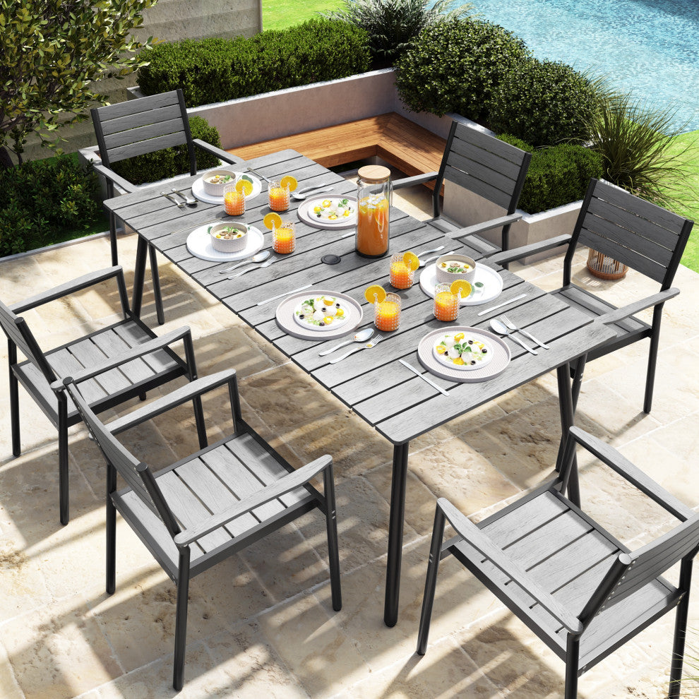 7-Piece Gray Outdoor Patio Set Dining Chairs Table With Umbrella Hole, Dc038