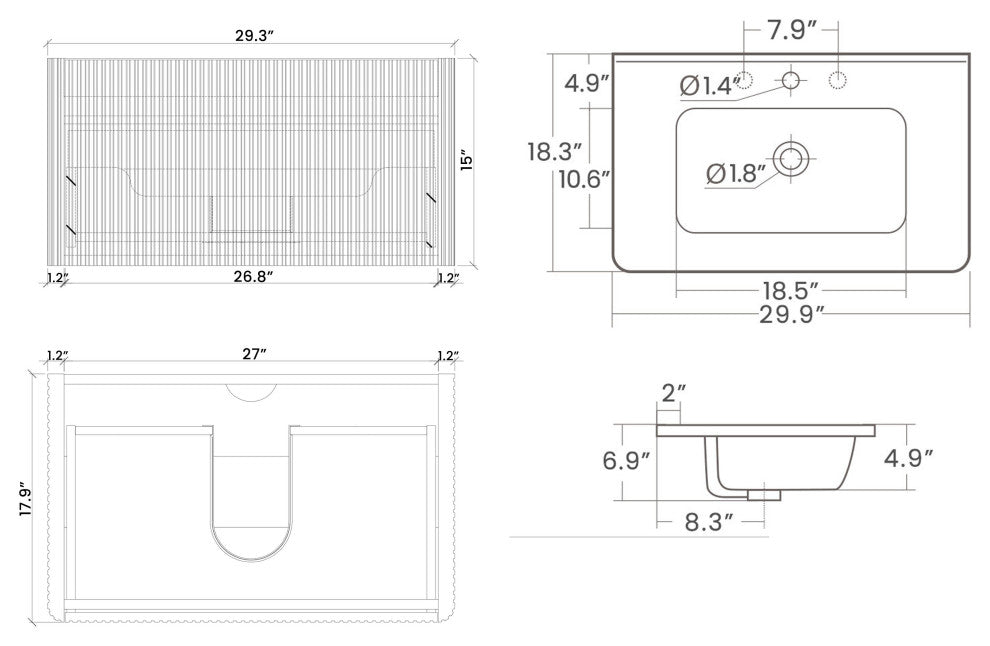 Wall-Mounted Bathroom Vanity Set with White Ceramic Sink, 30"