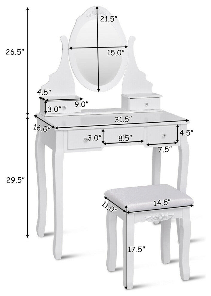 Costway Bedroom Wooden Mirrored Makeup Vanity Set Stool Table Set White