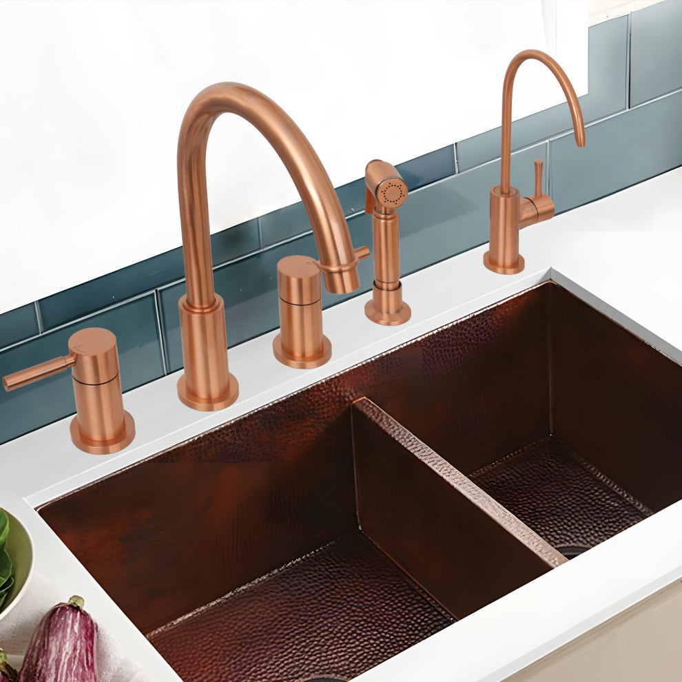Two-Handles Copper Widespread Kitchen Faucet With Side Sprayer, Copper