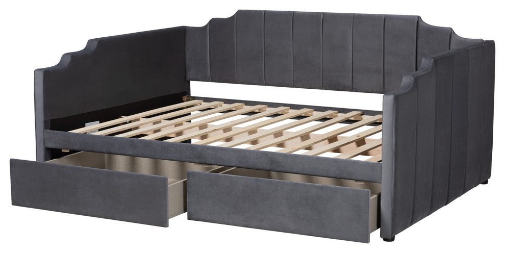 Gulliver Grey Velvet Fabric Upholstered 2-Drawer Daybed