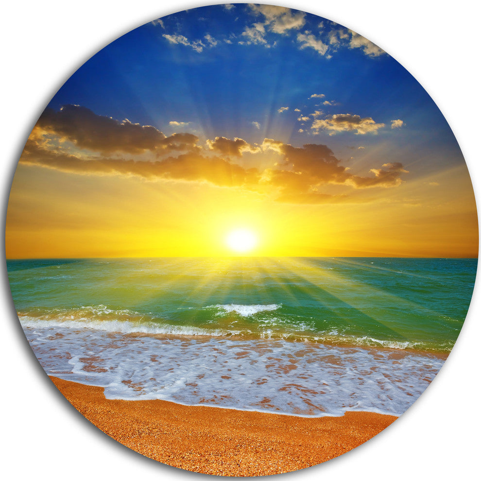 Dramatic Seashore Sky In Yellow, Modern Beach Disc Metal Artwork, 36"
