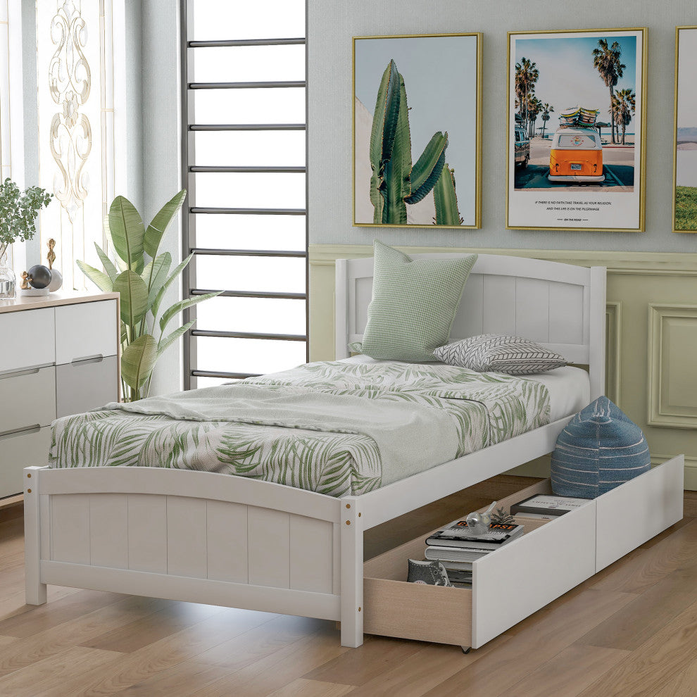 Gewnee Wood Twin size Platform Bed with Two Drawers in White