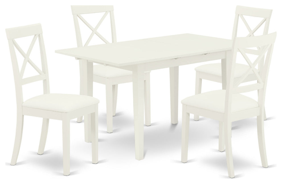 5-Pc Dinette Set 4 Chairs, Faux Leather Seat, Butterfly Leaf Table, Linen White