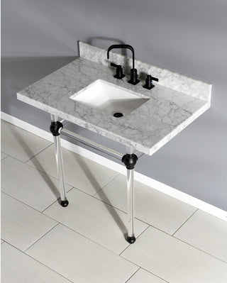 36X22 Marble Vanity Top w/Clear Acrylic Console Legs, Carrara Marble/Matte Black