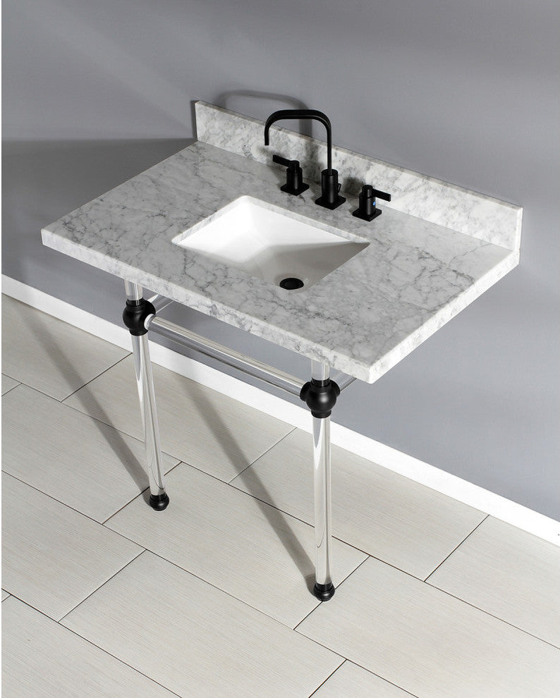 36X22 Marble Vanity Top w/Clear Acrylic Console Legs, Carrara Marble/Matte Black