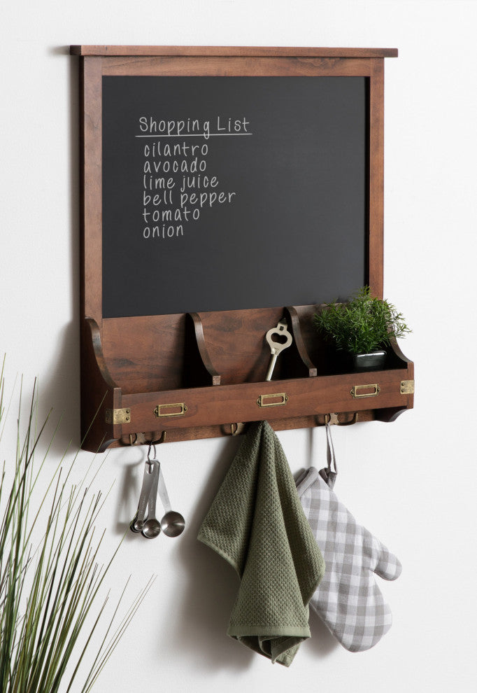 Stallard Wood Wall Chalkboard with Hooks, Walnut Brown 24x24