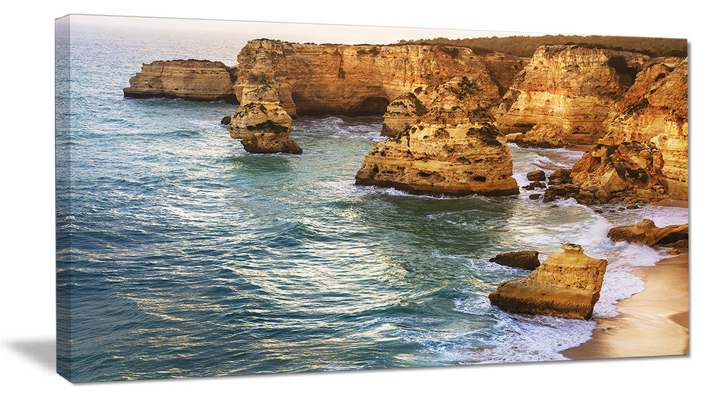 "Golden Rocks And Beach At Algarve" Seashore Wall Art, 32"x16"