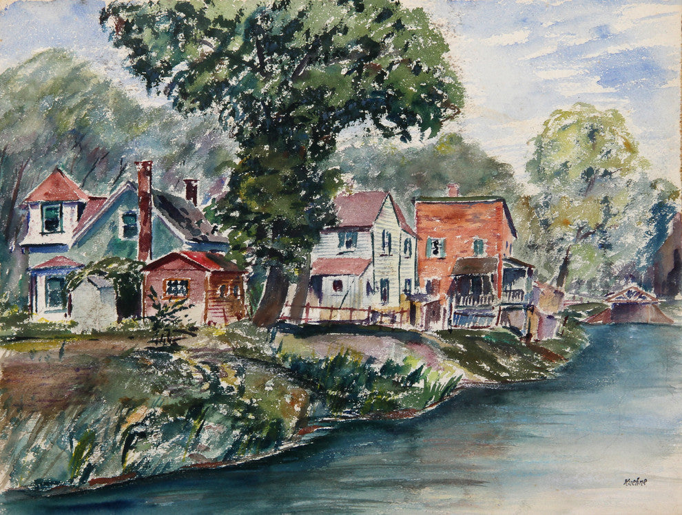 Max Kuehne "Lakeside Houses" Double-Sided Watercolor