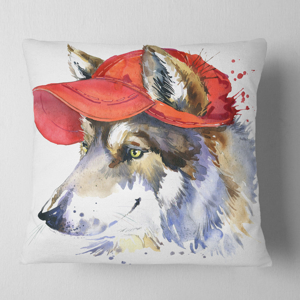 Wolf With Red Cap Illustration Animal Throw Pillow, 18"x18"