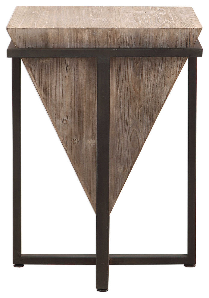 Modern Rustic Industrial Pyramid End Table, Geometric Iron Wood Block Accent