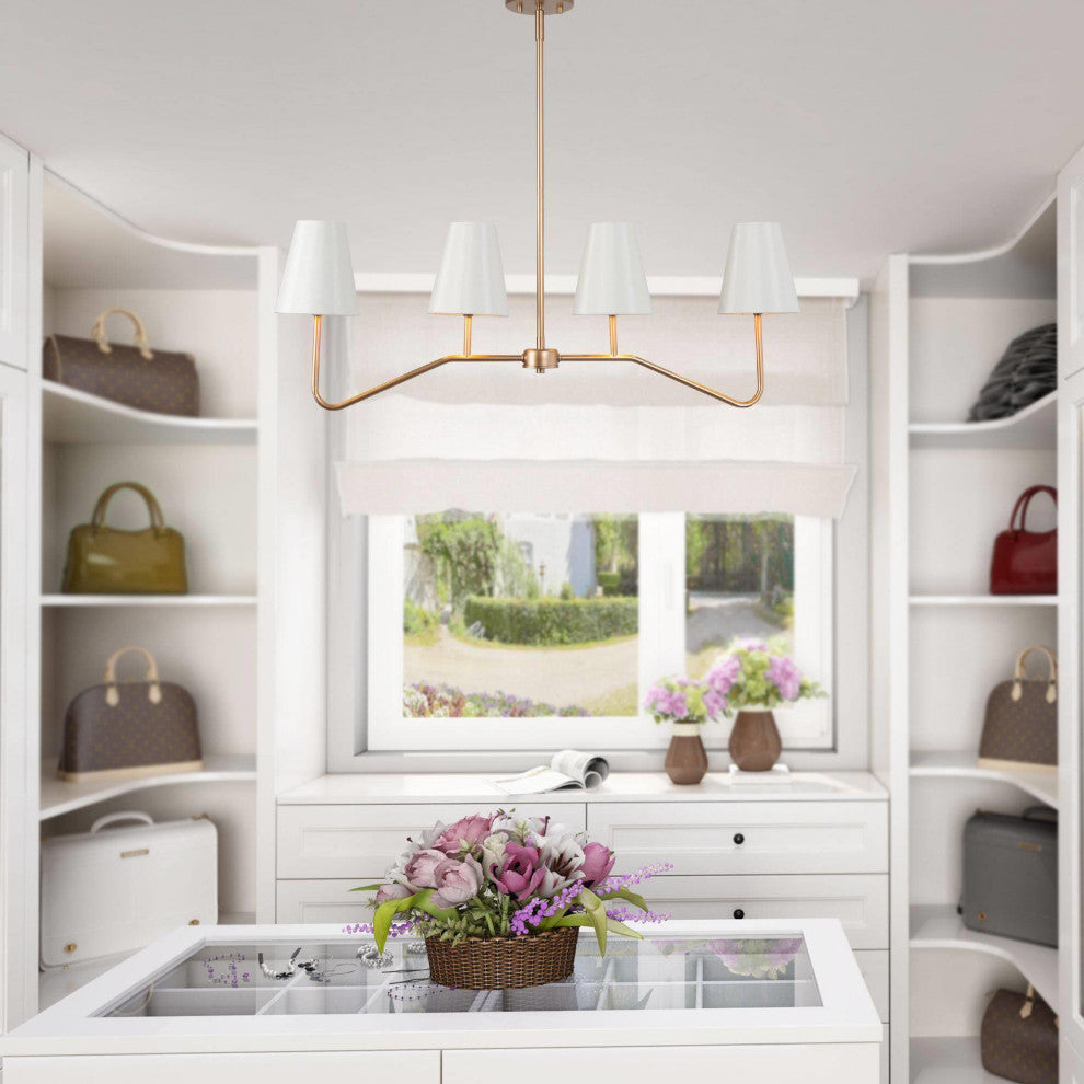 4-Lightsmatte Gold and White Fabric Shade Modern Linear LED Kitchen Island Lamp