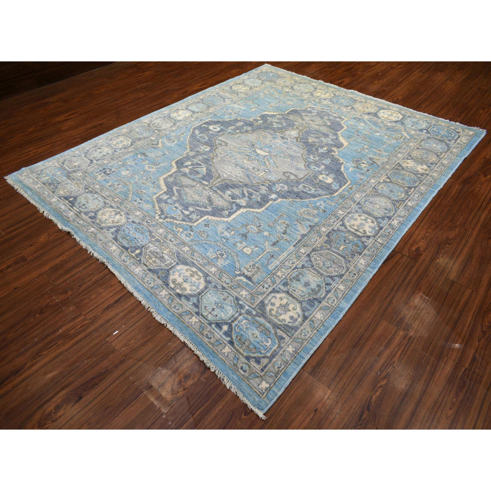Light Blue, Hand Knotted Anatolian Village Inspired Wool Rug, 8'0"x9'6"