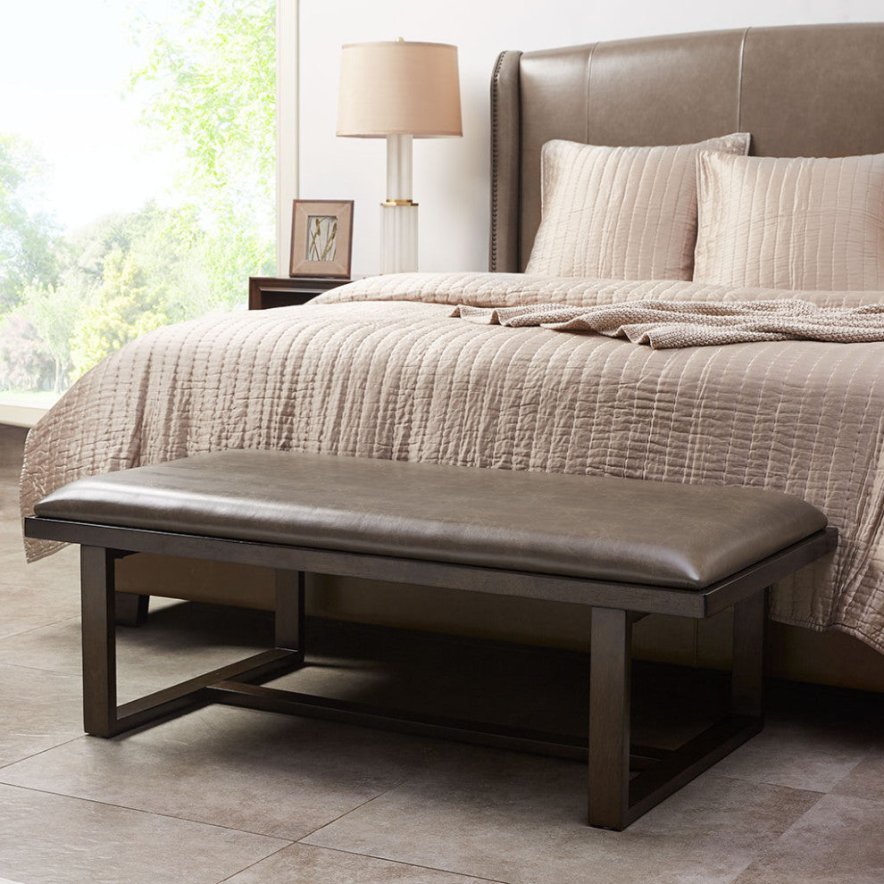 Madison Park Tracey Dark Coffee Faux Leather Wood Accent Bench, Brown