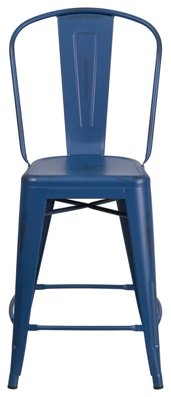 Brimmes 24" Metal Counter Stool, Antique Blue With Curved Vertical Slat